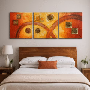 Mintura 3-panel hand-painted abstract canvas wall art displayed above a modern living room sofa, creating a warm and stylish home décor centerpiece