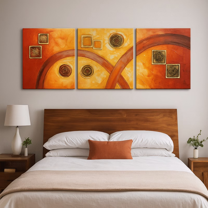 Mintura 3-panel hand-painted abstract canvas wall art displayed above a modern living room sofa, creating a warm and stylish home décor centerpiece